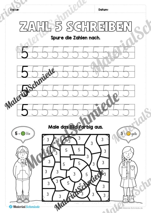 Arbeitsheft: Zahl 5 schreiben lernen (20 Arbeitsblätter) – Arbeitsblatt 07 Arbeitsheft: Zahl 5 schreiben lernen (20 Arbeitsblätter) – Arbeitsblatt 07