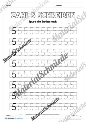 Arbeitsheft: Zahl 5 schreiben lernen (20 Arbeitsblätter) – Arbeitsblatt 09 Arbeitsheft: Zahl 5 schreiben lernen (20 Arbeitsblätter) – Arbeitsblatt 09