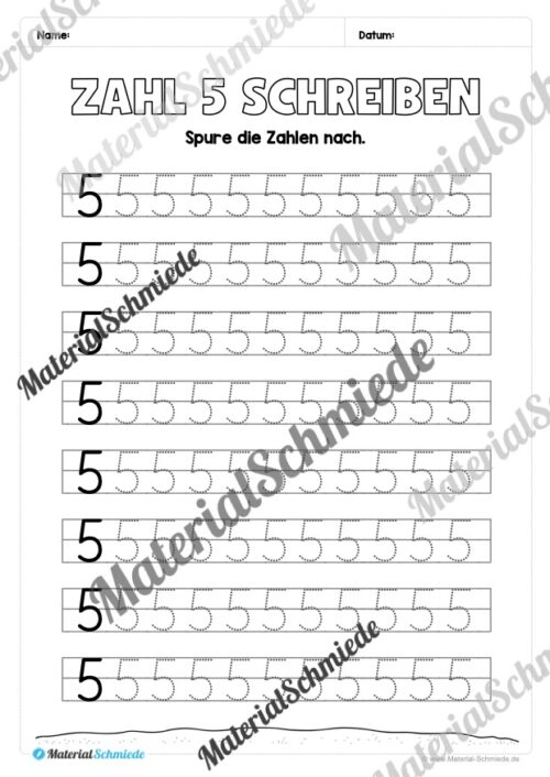 Arbeitsheft: Zahl 5 schreiben lernen (20 Arbeitsblätter) - Arbeitsblatt 09