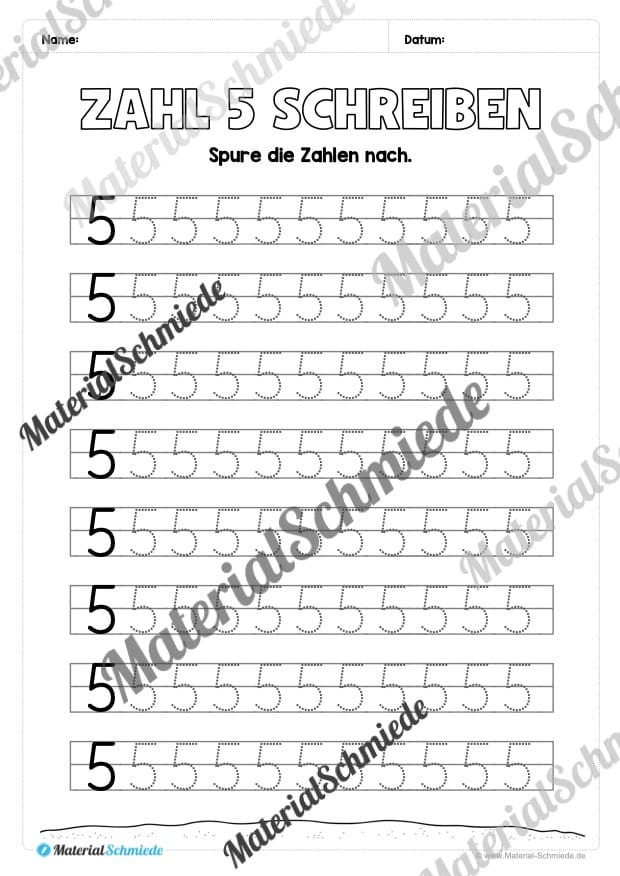 Arbeitsheft: Zahl 5 schreiben lernen (20 Arbeitsblätter) – Arbeitsblatt 09 Arbeitsheft: Zahl 5 schreiben lernen (20 Arbeitsblätter) – Arbeitsblatt 09