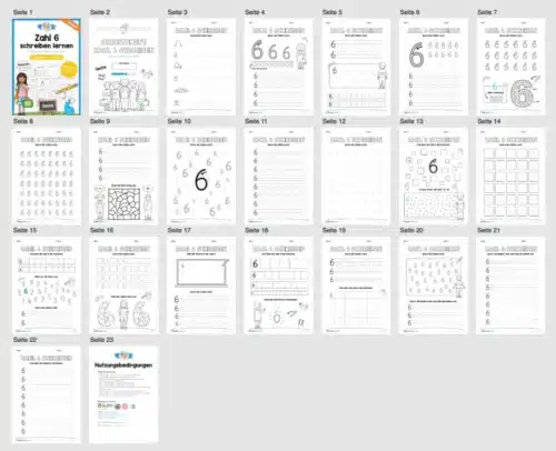 Arbeitsheft: Zahl 6 schreiben lernen (20 Arbeitsblätter) - Überblick