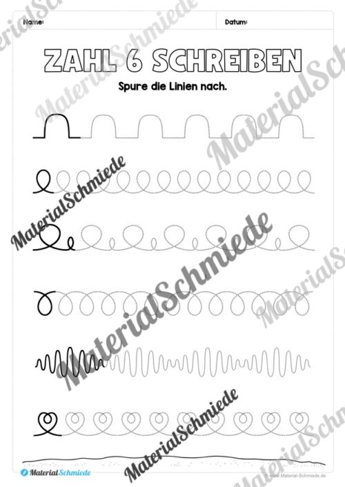 Arbeitsheft: Zahl 6 schreiben lernen (20 Arbeitsblätter) - Arbeitsblatt 02