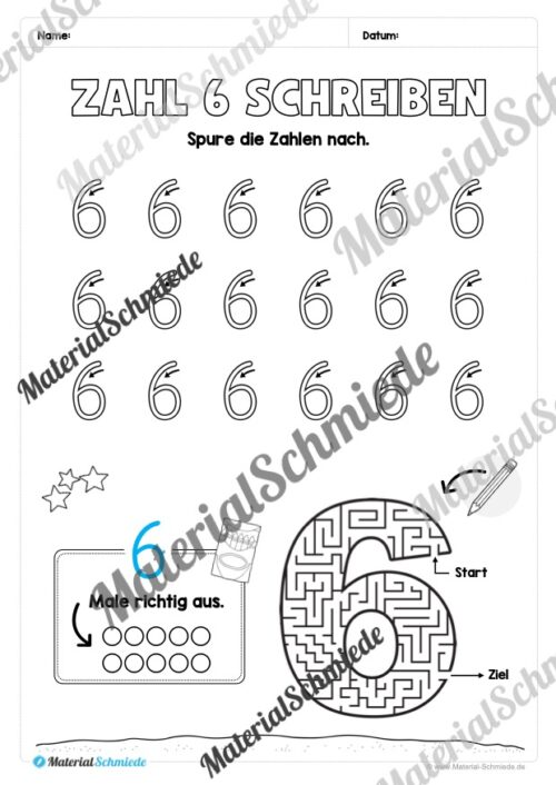 Arbeitsheft: Zahl 6 schreiben lernen (20 Arbeitsblätter) - Arbeitsblatt 06