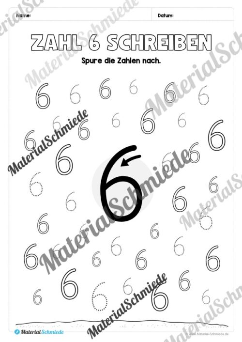 Arbeitsheft: Zahl 6 schreiben lernen (20 Arbeitsblätter) - Arbeitsblatt 07