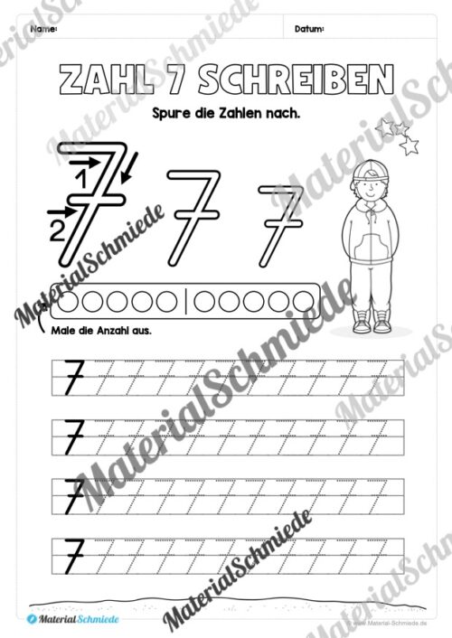 Arbeitsheft: Zahl 7 schreiben lernen (20 Arbeitsblätter) - Arbeitsblatt 03