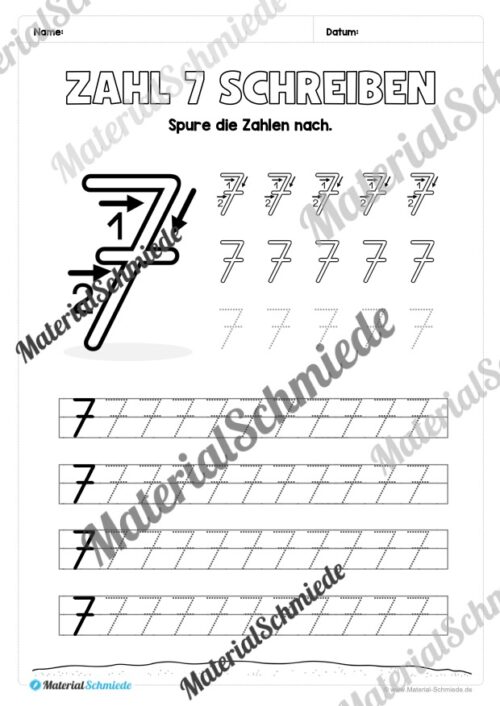 Arbeitsheft: Zahl 7 schreiben lernen (20 Arbeitsblätter) - Arbeitsblatt 05