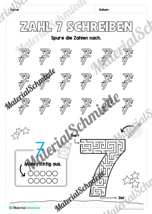 Arbeitsheft: Zahl 7 schreiben lernen (20 Arbeitsblätter) - Arbeitsblatt 06