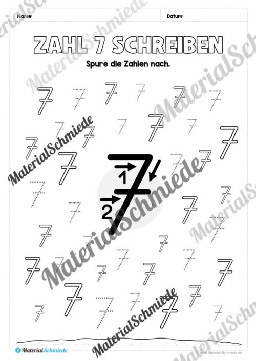Arbeitsheft: Zahl 7 schreiben lernen (20 Arbeitsblätter) - Arbeitsblatt 09