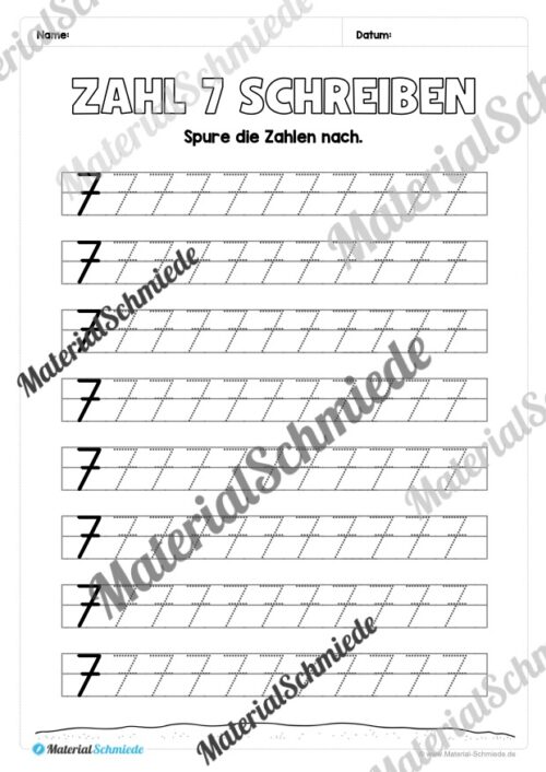 Arbeitsheft: Zahl 7 schreiben lernen (20 Arbeitsblätter) - Arbeitsblatt 10