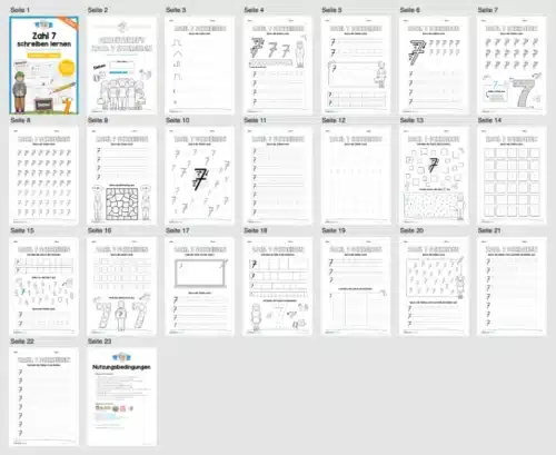 Arbeitsheft: Zahl 7 schreiben lernen (20 Arbeitsblätter) - Überblick