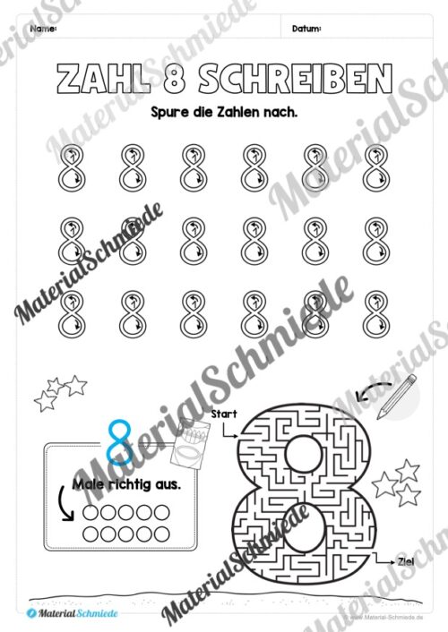 Arbeitsheft: Zahl 8 schreiben lernen (20 Arbeitsblätter) - Arbeitsblatt 06