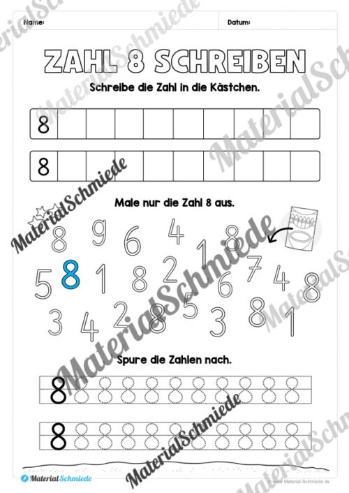 Arbeitsheft: Zahl 8 schreiben lernen (20 Arbeitsblätter) - Arbeitsblatt 07