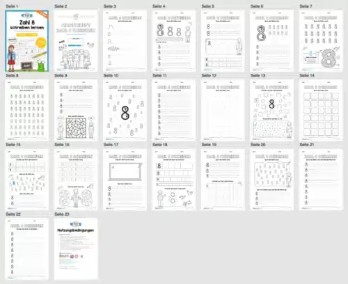 Arbeitsheft: Zahl 8 schreiben lernen (20 Arbeitsblätter) - Überblick