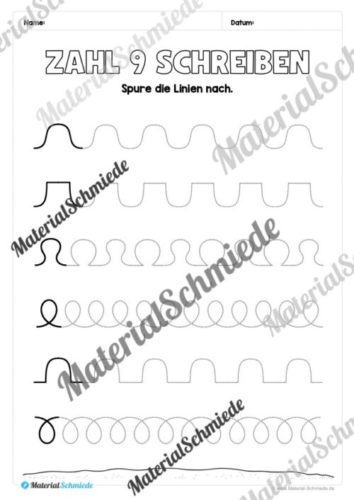 Arbeitsheft: Zahl 9 schreiben lernen (20 Arbeitsblätter) - Arbeitsblatt 02