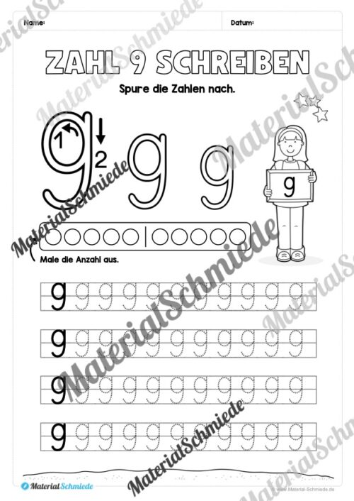 Arbeitsheft: Zahl 9 schreiben lernen (20 Arbeitsblätter) - Arbeitsblatt 03