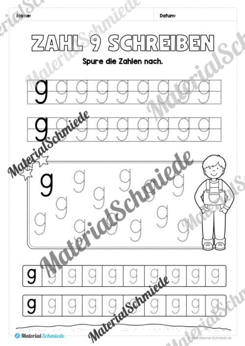 Arbeitsheft: Zahl 9 schreiben lernen (20 Arbeitsblätter) - Arbeitsblatt 04