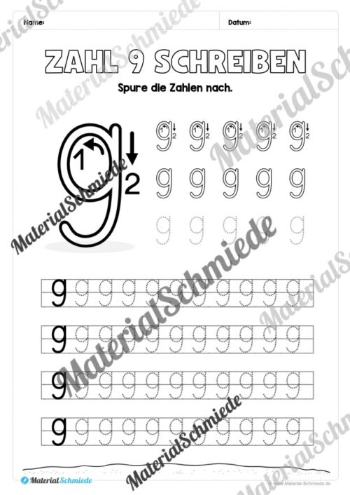 Arbeitsheft: Zahl 9 schreiben lernen (20 Arbeitsblätter) - Arbeitsblatt 05