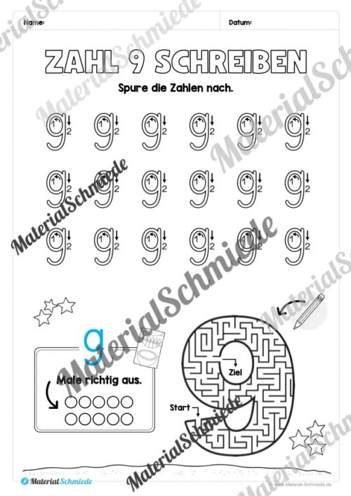 Arbeitsheft: Zahl 9 schreiben lernen (20 Arbeitsblätter) - Arbeitsblatt 06