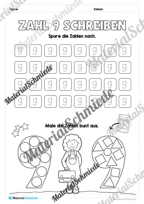 Arbeitsheft: Zahl 9 schreiben lernen (20 Arbeitsblätter) - Arbeitsblatt 08