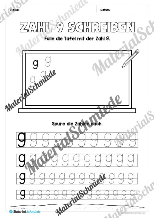 Arbeitsheft: Zahl 9 schreiben lernen (20 Arbeitsblätter) - Arbeitsblatt 09