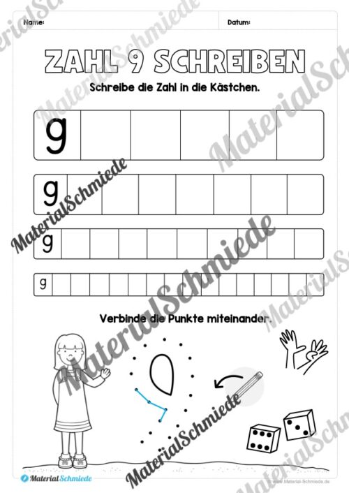Arbeitsheft: Zahl 9 schreiben lernen (20 Arbeitsblätter) - Arbeitsblatt 10