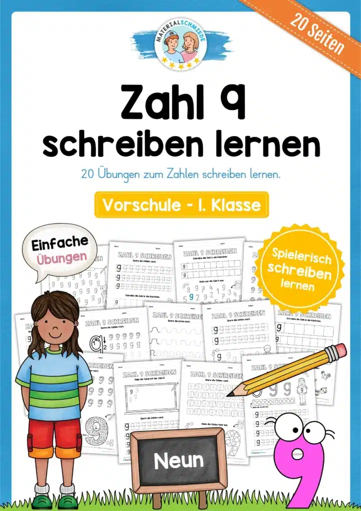 Arbeitsheft: Zahl 9 schreiben lernen (20 Arbeitsblätter)