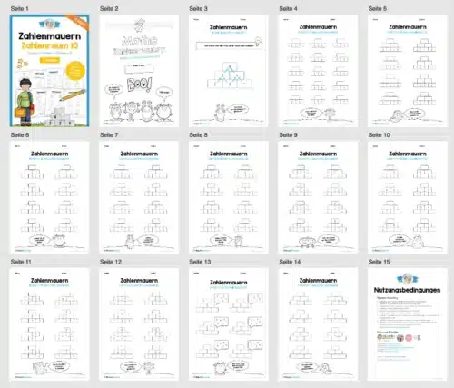 Zahlenmauern im Zahlenraum 10 (12 Arbeitsblätter) - Überblick