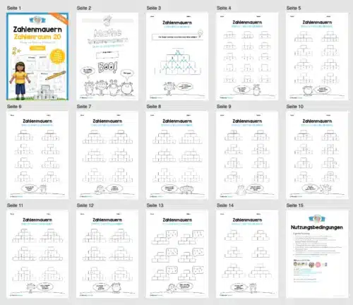 Zahlenmauern im Zahlenraum 20 (12 Arbeitsblätter) - Überblick