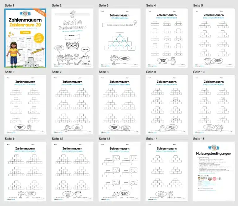 Zahlenmauern im Zahlenraum 20 (12 Arbeitsblätter) – Überblick