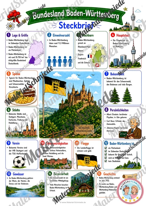 Steckbrief Baden-Württemberg (mit Informationen) für die 3. und 4. Klasse in Farbe
