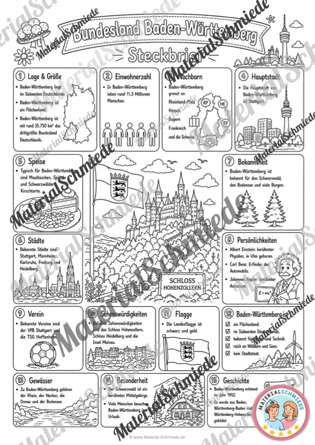 Steckbrief Baden-Württemberg (mit Informationen) für die 3. und 4. Klasse in schwarz-weiß