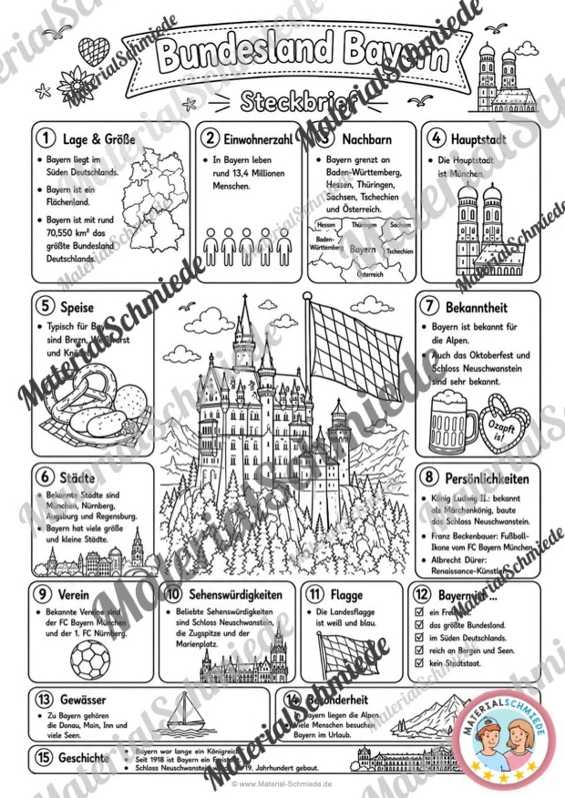Steckbrief Bayern (mit Informationen) für die 3. und 4. Klasse - in schwarz-weiß