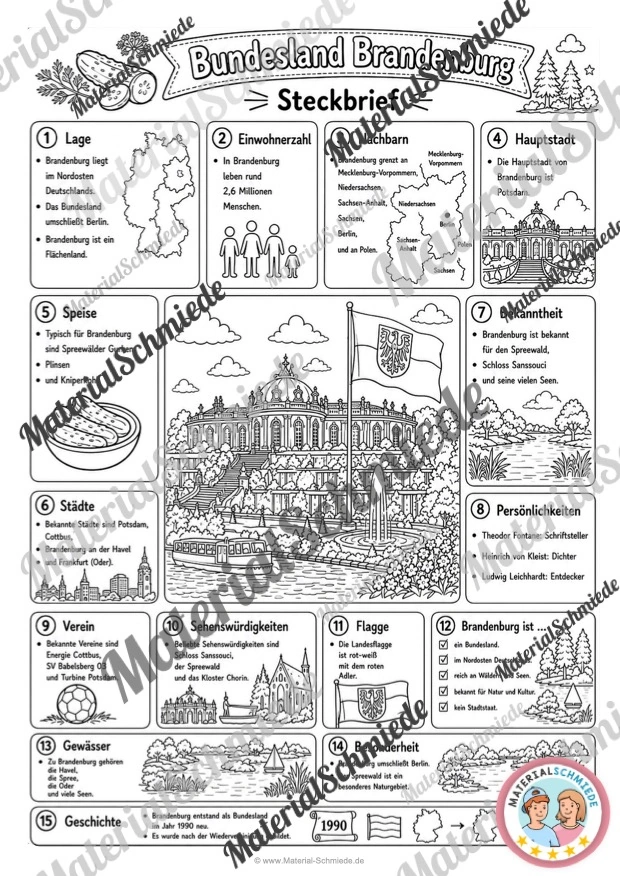 Steckbrief Brandenburg (mit Informationen) für die 3. und 4. Klasse - in schwarz-weiß