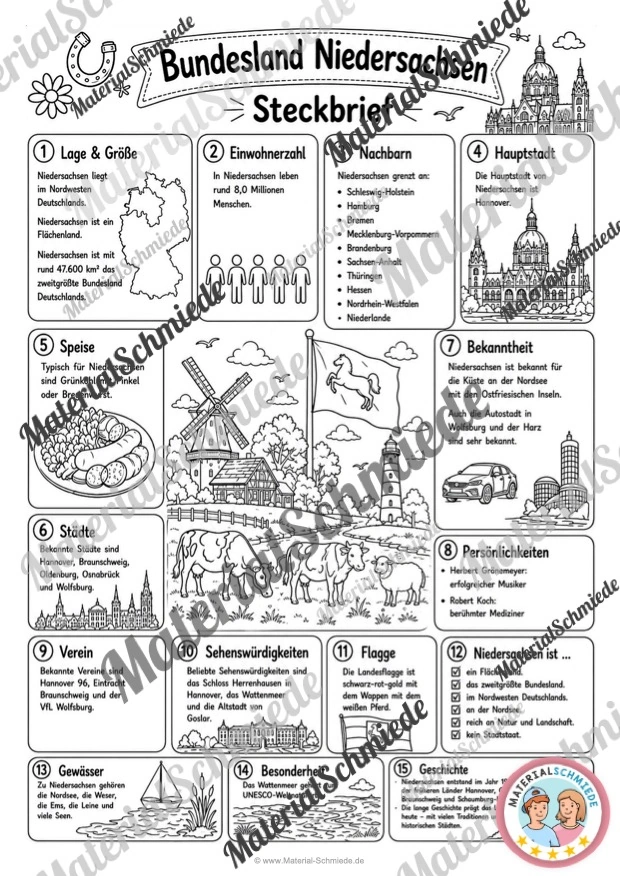 Steckbrief Niedersachsen (mit Informationen) für die 3. und 4. Klasse - in schwarz-weiß