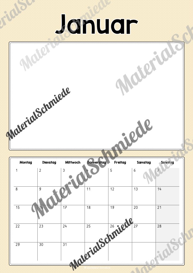 DIY Kalender 2024 (Kleine Zahlen in Farbe Januar)