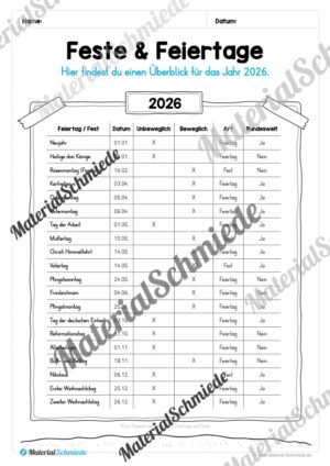 Kalender: Thema Feste & Feiertage 2026 (Arbeitsblatt 02) Kalender: Thema Feste & Feiertage 2026 (Arbeitsblatt 02)