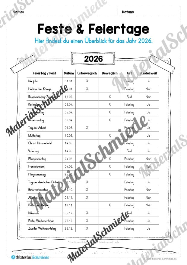 Kalender: Thema Feste & Feiertage 2026 (Arbeitsblatt 02) Kalender: Thema Feste & Feiertage 2026 (Arbeitsblatt 02)