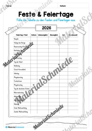 Kalender: Thema Feste & Feiertage 2026 (Arbeitsblatt 03) Kalender: Thema Feste & Feiertage 2026 (Arbeitsblatt 03)