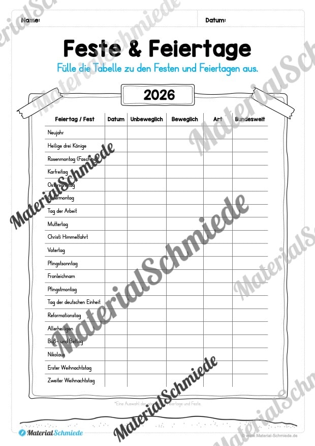 Kalender: Thema Feste & Feiertage 2026 (Arbeitsblatt 03) Kalender: Thema Feste & Feiertage 2026 (Arbeitsblatt 03)