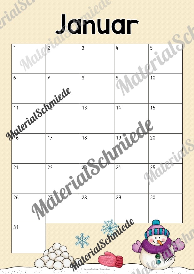 Kalender: Wiederverwendbare Vorlagen zu den Monaten (Januar)