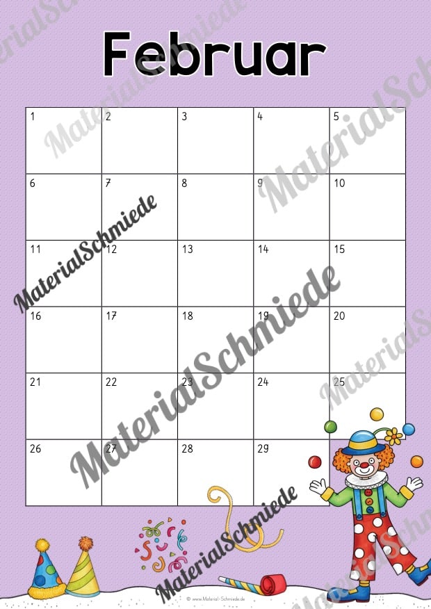 Kalender: Wiederverwendbare Vorlagen zu den Monaten (Februar mit 29 Tagen)