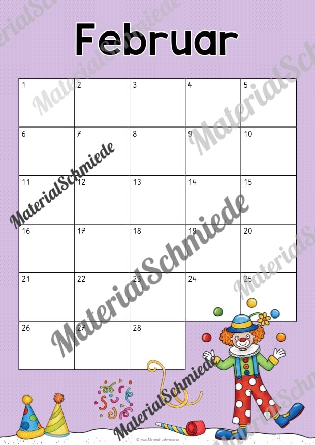 Kalender: Wiederverwendbare Vorlagen zu den Monaten (Februar mit 28 Tagen)