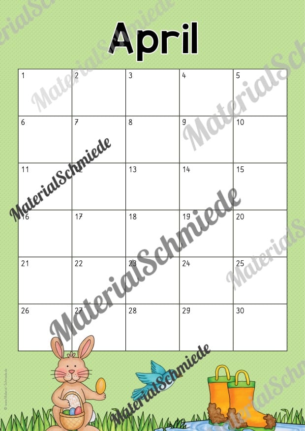 Kalender: Wiederverwendbare Vorlagen zu den Monaten (April)