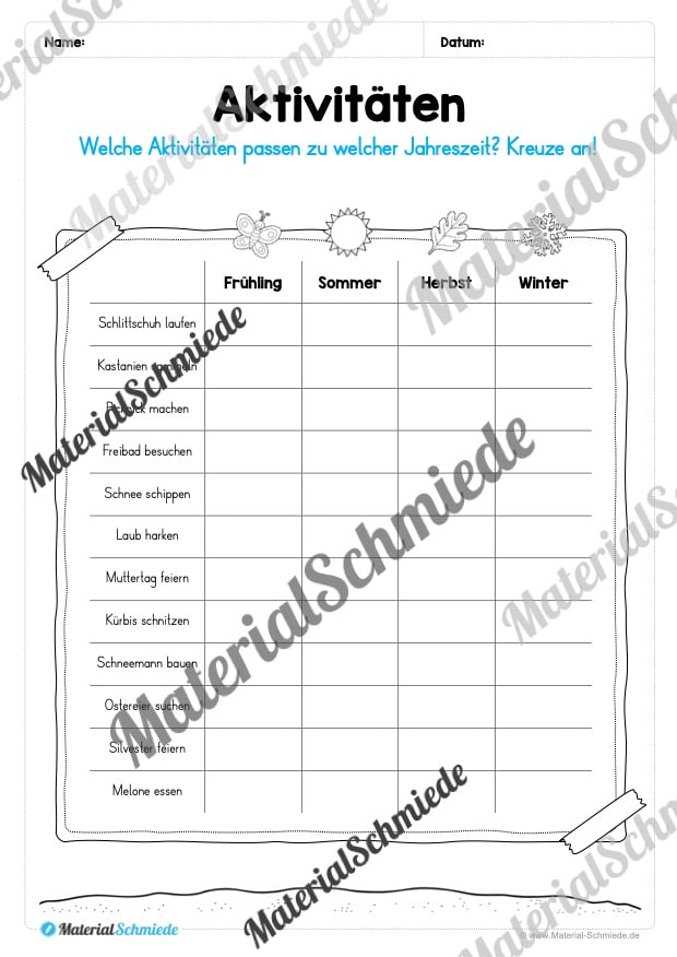Kalender: Thema Jahreszeiten (Arbeitsblatt 08) Kalender: Thema Jahreszeiten (Arbeitsblatt 08)
