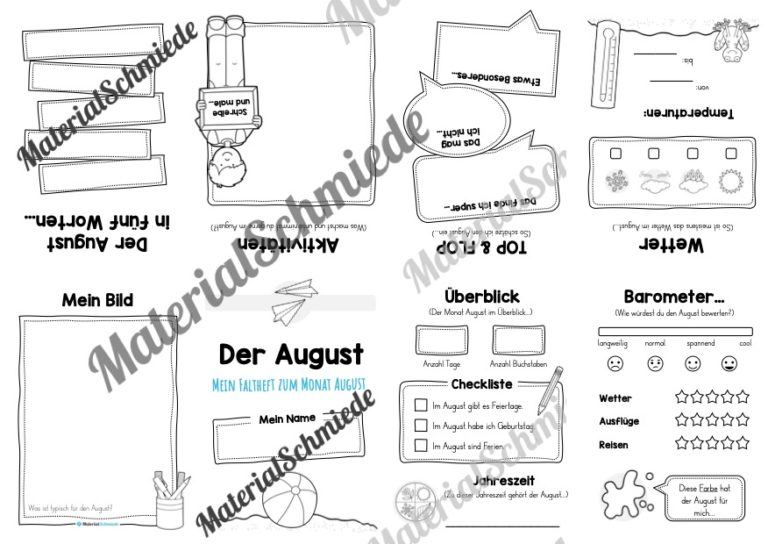 Faltheft: Monat August (ohne Linien)