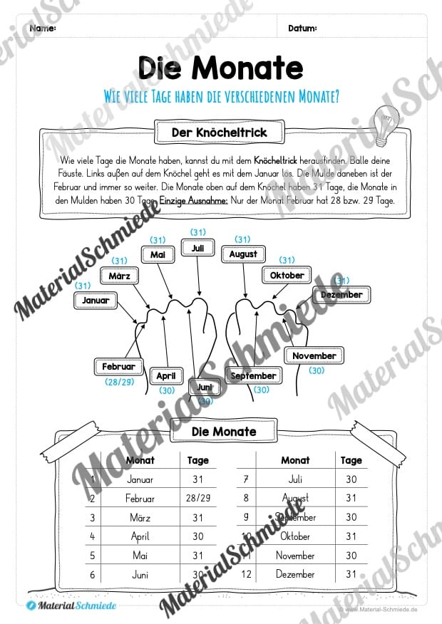 Kalender: Die 12 Monate (Knöcheltrick)