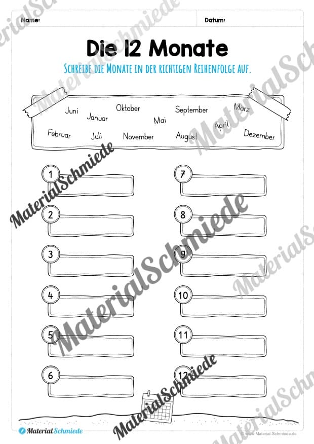 Kalender: Die 12 Monate (Monate in der richtigen Reihenfolge notieren)