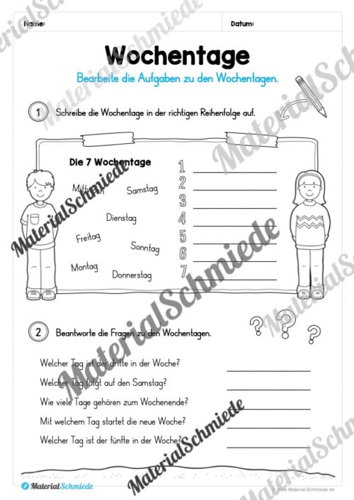 Kalender: Thema Wochentage (Arbeitsblatt 03)