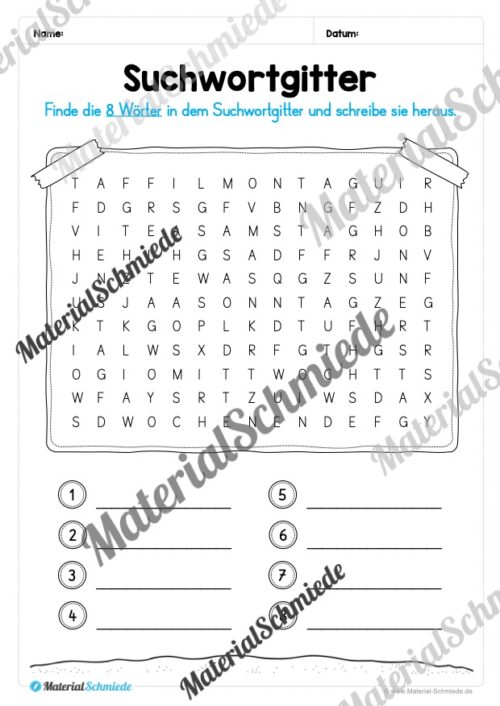 Kalender: Thema Wochentage (Arbeitsblatt 04)
