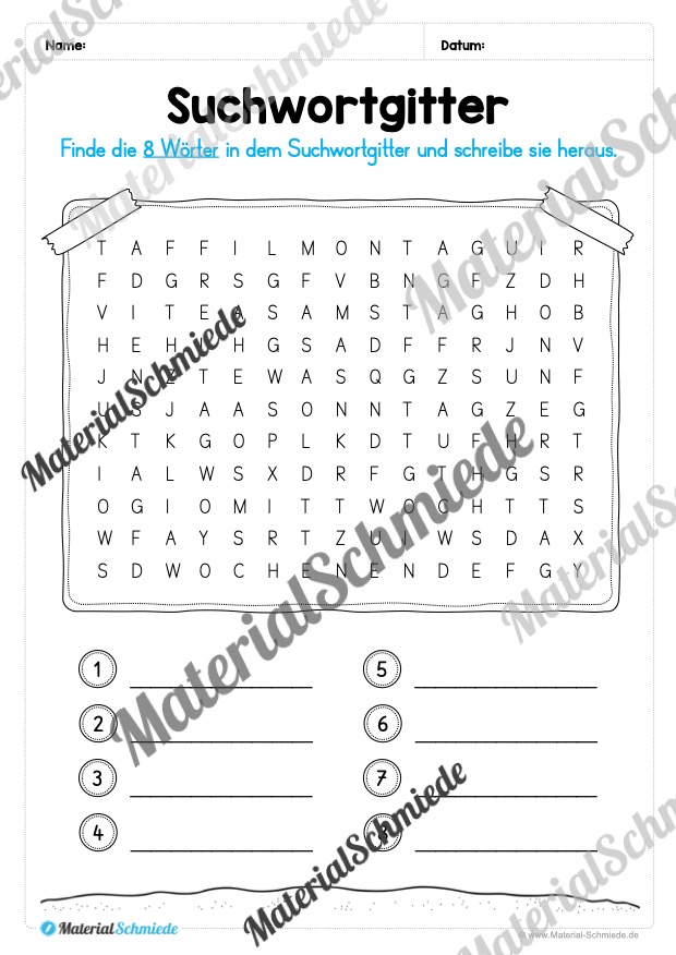 Kalender: Thema Wochentage (Arbeitsblatt 04)